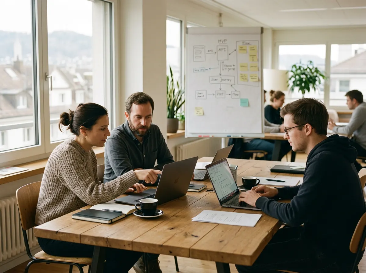 Zwei Gründer planen mit einem Omnisnap-Engineer ihre Plattform