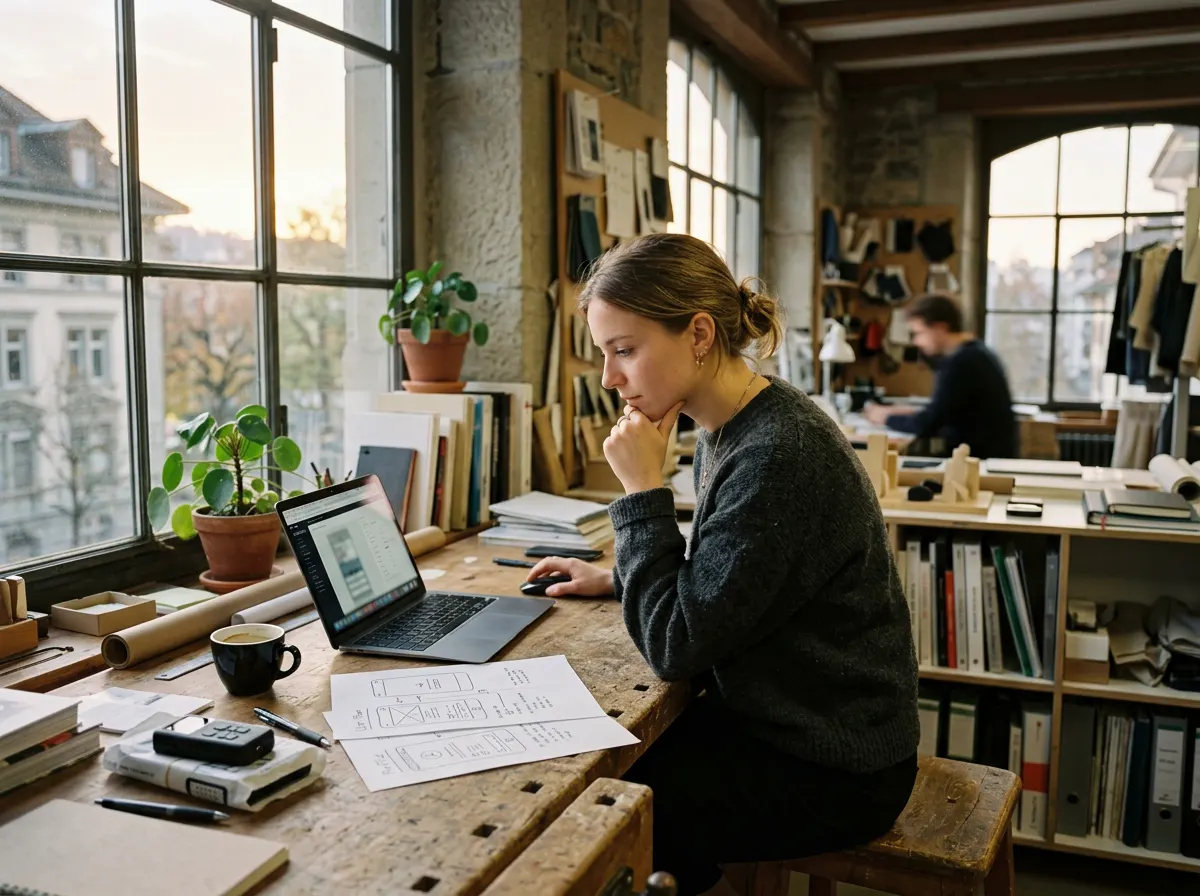 Eine Gründerin arbeitet in ihrem Atelier an den ersten Entwürfen ihrer App