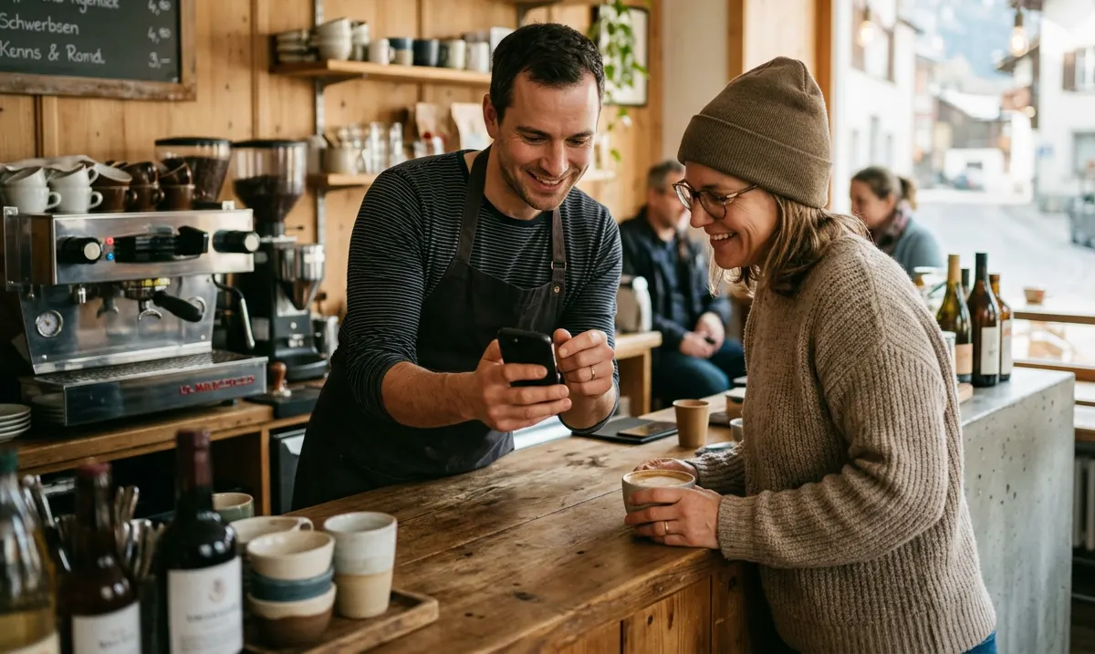 Ein Café-Besitzer zeigt einem Stammgast die neue Bestell-App